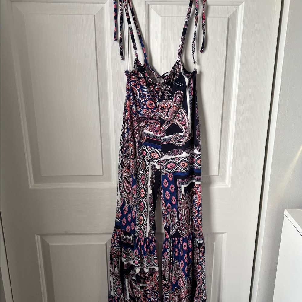 Fashion Nova Navy and Pink Paisley Maxi Jumpsuit